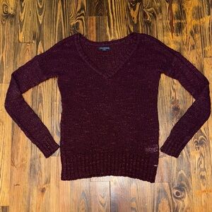 American Eagle Outfitters Burgundy V-Neck Knit Sweater w/Metallic Shimmer Detail
